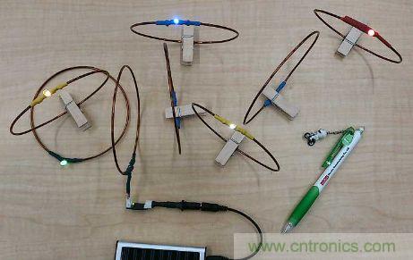 用來驗證“直流共振方式”的試制系統。在線圈間傳輸電力，點亮LED