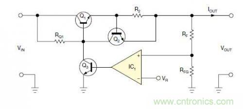 圖1:一個標準的線性穩壓器直接將反饋連接到串聯導通晶體管上。