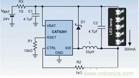 圖2:使用CAT4201驅動5個1W的LED