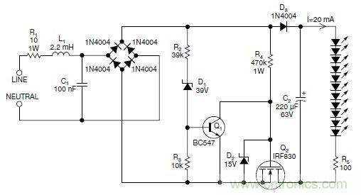 圖2：斬波工作類似圖1中的電路，但以較大的LED串聯(lián)電阻代替了恒流源，提供限流功能