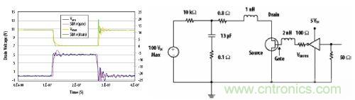 圖8:電路圖及EPC1001 TSPICE仿真結(jié)果與實際測量的電路性能的波形圖比較