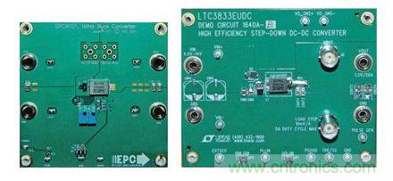 圖2:在低壓降壓轉(zhuǎn)換器使用EPC9101及經(jīng)過(guò)修改的DC1640A-B演示板的比較