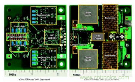圖6:采用eGaN FET設(shè)計(jì)的48V至53V半磚PSE轉(zhuǎn)換器的頂視圖和底視圖(單位為英寸)。