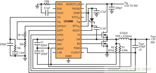 圖2:以非常低的DCR完成采樣的高效率、1.5V/30A降壓型轉(zhuǎn)換器