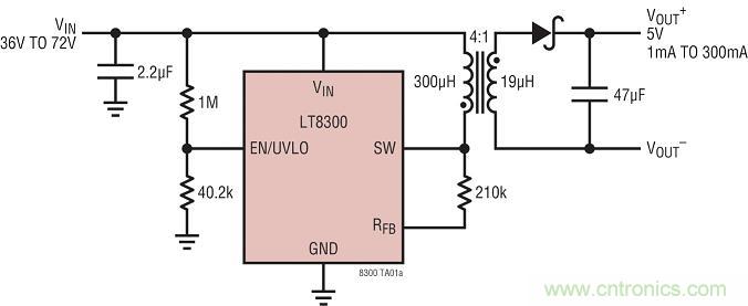 圖 1:具主端輸出電壓檢測的 LT8300 反激式轉(zhuǎn)換器