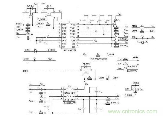 圖1為四節電池串聯使用時的保護系統原理圖