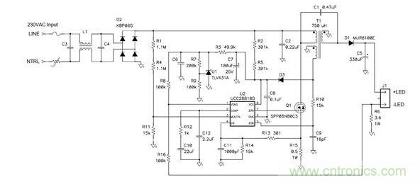 該拓撲不僅可提供良好功率因數,而且還符合EN61000-3-2C類標準