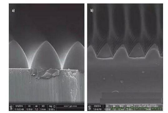 圖案化藍寶石基板通過光致抗蝕劑掩膜在電感耦合等離子體干法反應(yīng)性腐蝕保持良好剛性結(jié)構(gòu)（如圖a）,然而，如果光致抗蝕劑掩膜的剛性結(jié)構(gòu)在抗蝕過程中沒有得到保持，那么結(jié)果會很差（如圖b）