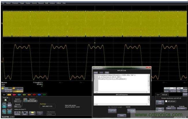 這個嵌入式MATLAB腳本用于解調調頻載波,并顯示調制波形。編輯框允許用戶不離開示波器環境就能完成腳本的創建或編輯。