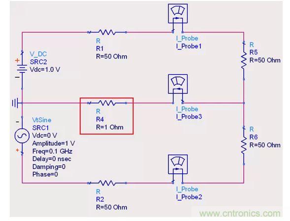 【導(dǎo)讀】說實(shí)話，這個(gè)問題也對(duì)高速先生造成了困擾。一直都會(huì)有人問回流的交疊是否會(huì)造成信號(hào)之間的干擾，比如平面的上下走線重疊，回流路徑一樣時(shí)。通常會(huì)有這么幾種回答！  1.趨膚效應(yīng)導(dǎo)致電流并沒有相交；  但是在1.2mil的銅厚的情況下，10MHz以上的信號(hào)才會(huì)出現(xiàn)明顯的趨膚效應(yīng)?？磥磉@個(gè)解釋并不合理。  2.信號(hào)在介質(zhì)中傳遞，電磁場(chǎng)的耦合才會(huì)造成串?dāng)_；  這個(gè)說法沒錯(cuò)，但是還是不能解開心中對(duì)電流走在同一條路徑上時(shí)，會(huì)不會(huì)造成相互之間干擾的問題。  讓我們來做以下實(shí)驗(yàn)，搭建一個(gè)拓?fù)淙鐖D1所示： 1 圖1  環(huán)路1由一個(gè)DC1.0V供電，表示我們的受干擾線，電流表1測(cè)量路徑1上的電流。  環(huán)路2由一個(gè)100MHz的AC1.0V供電，表示我們的干擾源，電流表2測(cè)量路徑2上的電流。  電流表3測(cè)量回流路徑上的電流。  這樣一個(gè)結(jié)構(gòu)，得到的結(jié)果是如何呢？如圖2所示： 2 圖2  可以看到，我們的被干擾源就是一個(gè)干凈的直線，雖然環(huán)路1和環(huán)路2在回流路徑上電流交疊，但是他們相互之間并不影響。其實(shí)這不就是基爾霍夫定律嗎。  有人會(huì)試圖從電磁場(chǎng)的角度來否定基爾霍夫定律在這里的正確性，“回流路徑也會(huì)產(chǎn)生電磁場(chǎng)，這些電磁場(chǎng)會(huì)與其他的回流路徑相互影響”。但事實(shí)上是，回流路徑與回流路徑之間是沒有耦合途徑的，他們?cè)谕粋€(gè)平面上，沒有容性耦合，也沒有感性耦合。  那么是否回流就不會(huì)影響我們的信號(hào)質(zhì)量了呢？當(dāng)然是會(huì)影響的。  其實(shí)在圖1的實(shí)驗(yàn)中，筆者討了個(gè)巧，將地平面各個(gè)短路點(diǎn)之間的阻抗當(dāng)成了0，但實(shí)際上，地平面的各個(gè)不同的點(diǎn)之間是有轉(zhuǎn)移阻抗的。讓我們模擬實(shí)際情況再看看圖3： 3 圖3  這時(shí)候我們假設(shè)我們的地平面是有1Ω電阻的。（當(dāng)然這是為了實(shí)驗(yàn)效果，實(shí)際上地平面阻抗并不會(huì)有這么大），結(jié)果如圖4： 4 圖4  是的，干擾出現(xiàn)了。這個(gè)干擾并不是來自于回流路徑之間的電流耦合，而是來自于我們地平面本身由于有轉(zhuǎn)移阻抗的存在，導(dǎo)致回流流經(jīng)地平面時(shí)，造成地平面并不是一個(gè)完美的0電平。  回流就是這樣干擾我們的信號(hào)的，也就是我們所說的地彈。