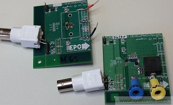 圖1:這里僅在左側(cè)的電路板上配備了半橋配置,右側(cè)的電路板配備了完整的DC-DC轉(zhuǎn)換器。香蕉插座可將測試板連接至電子負載。通過BNC連接器可連接至外部脈沖發(fā)生器。