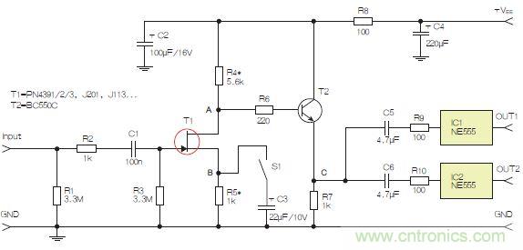 圖3：采用兩個工作在不同頻率下的555定時器電路，以獲取不同的音效。