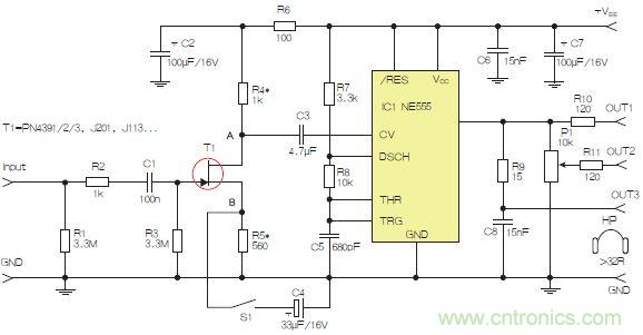 圖2：含JFET輸入和NE555的耳機/線路驅動器。