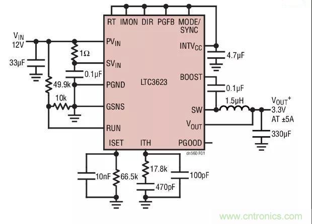 高效率、15V 軌至軌輸出同步降壓型穩(wěn)壓器能提供或吸收 5A 高效率、15V 軌至軌輸出同步降壓型穩(wěn)壓器能提供或吸收 5A