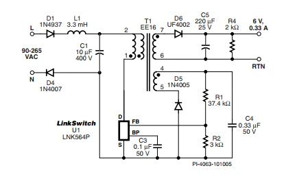 LinkSwitch-LP 系列旨在取代手機/無繩電話、PDA、數碼相機和便攜式音頻播放器等應用中輸出功率 < 2.5 W 的低效線頻線性變壓器電源。LinkSwitch-LP 還可用作白色家電等應用中的輔助電源。  LinkSwitch-LP 將高壓功率 MOSFET 開關與 ON/OFF 控制器集成在一個設備中。它完全由漏極引腳自供電，具有低 EMI 的抖動開關頻率，并且具有全面的故障保護。自動重啟可限制過載和輸出短路條件下的器件和電路耗散，而遲滯過溫保護會在熱故障期間禁用內部 MOSFET。EcoSmart 技術使設計能夠輕松實現 < 150 mW 的空載功耗，滿足能源效率要求。  LinkSwitch-LP 的設計目的是在輸出功率低于 2.5 W 時無需初級側鉗位電路，從而顯著減少組件數量和總系統成本。圖 1 顯示了基于 LinkSwitch-LP 的 2 W 電源，不帶初級側鉗位。LinkSwitch-LP 系列經過優化，當變壓器上的輔助或偏置繞組提供反饋時，可提供近似的 CV/CC 輸出特性。這非常適合取代工頻變壓器的應用，提供兼容的輸出特性，但過載、短路電流和輸入線電壓變化較小。  　  在無鉗位設計中使用 LinkSwitch-LP 的基本電路原理圖。  快速開始  　 LinkSwitch-LP 反激式設計流程圖